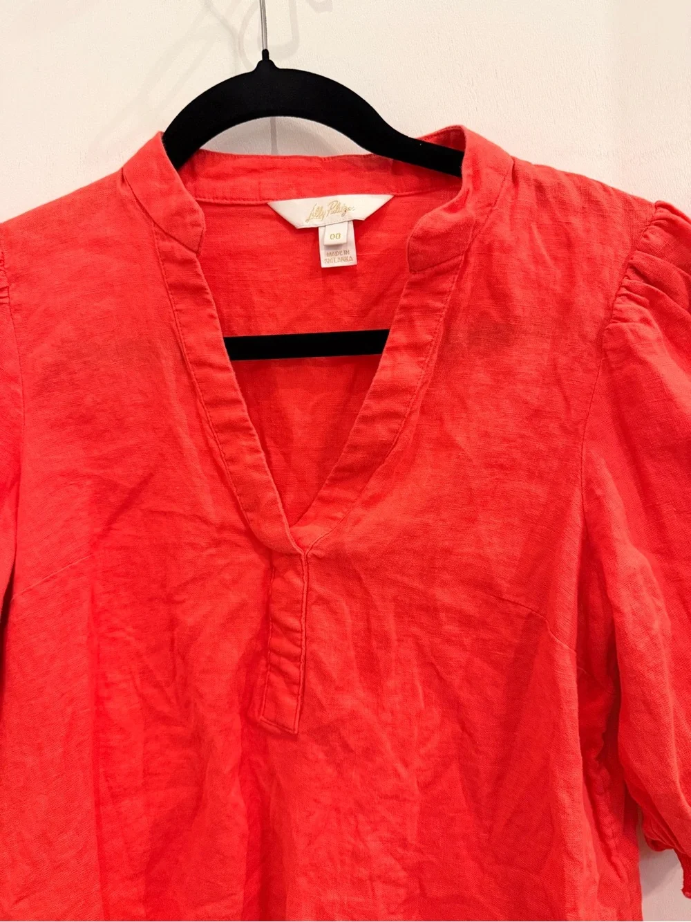 Lilly Pulitzer Coral Pink Linen Puff Sleeve V-Neck Top Size 00 Resort‎ Coastal